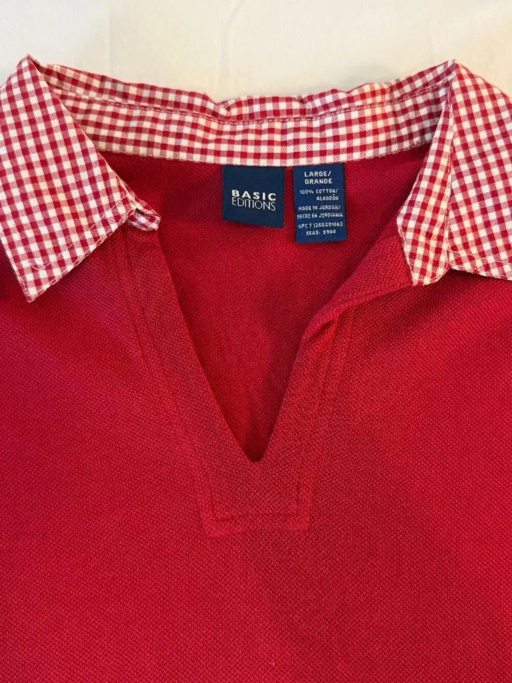 Basic Editions Women's Red Long Sleeve Polo Top Gingham Collar Size Large L